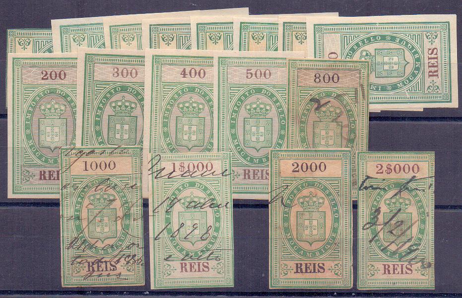 1991.jpg -     Lote:    1991      Lotes pelo Correio             Descrição:         Fiscais. Moçambique. 1878 &mdash; Brasão Real. 10/500 reis, 800, 1$000(2) e 2$000(2) reis, PB 13/24, 27 e 29/30. Novos de 10 a 500 reis restantes usados 1$000 e 2$000 reis, 2 ex. com grafia diferente no valor. Valor de catálogo aproximado &euro; 90,00.        */O       Valor Base:     &euro; 10,00     Valor Venda:     &euro; 17,00     