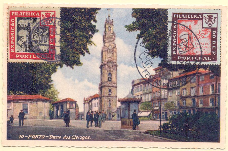 1999.jpg -     Lote:    1999      Lotes pelo Correio             Descrição:         Vinhetas. BEPEX. Postal ilustrado da Torre dos Clérigos no Porto, com duas vinhetas emitidas durante a BEPEX, obliterado com carimbo comemorativo apropriado.        PI       Valor Base:     &euro; 6,00     Valor Venda:     &euro; 6,00     
