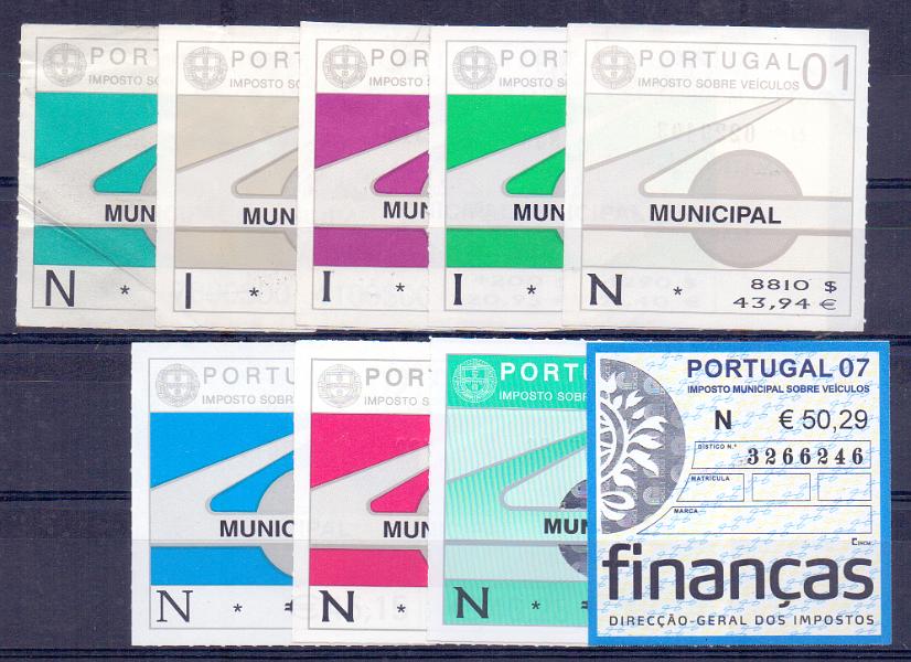 2001.jpg -     Lote:    2001      Lotes pelo Correio             Descrição:         Fiscais. Imposto sobre veículos, lote com 9 selos, de 1997/2003, 2005 e 2007.        Lote       Valor Base:     &euro; 5,00     Valor Venda:     &euro; 15,00     
