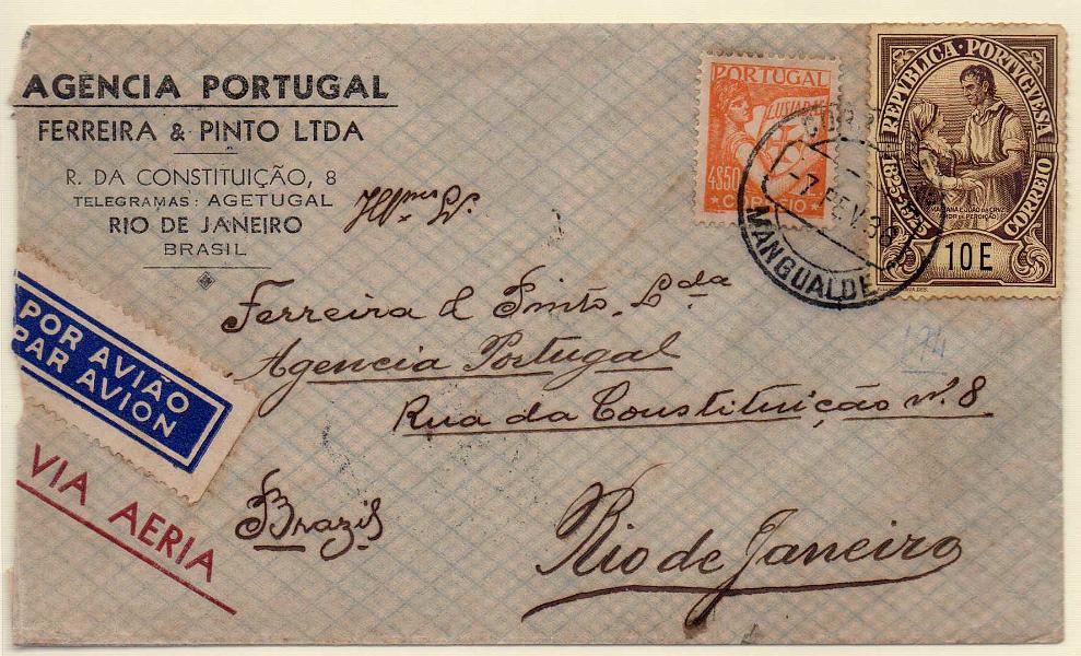 2003.jpg -     Lote:    2003      Lotes pelo Correio      Correio Aéreo       Descrição:         1936 &mdash; Correio Aéreo Lisboa- Rio de Janeiro. Sobrescrito circulado de Mangualde (07.02.36) para o Rio de Janeiro (11.02.36) com selos de 10$00 CE359 e 4$50 CE529.        Aéreo       Valor Base:     &euro; 8,00     Valor Venda:     Retirado     