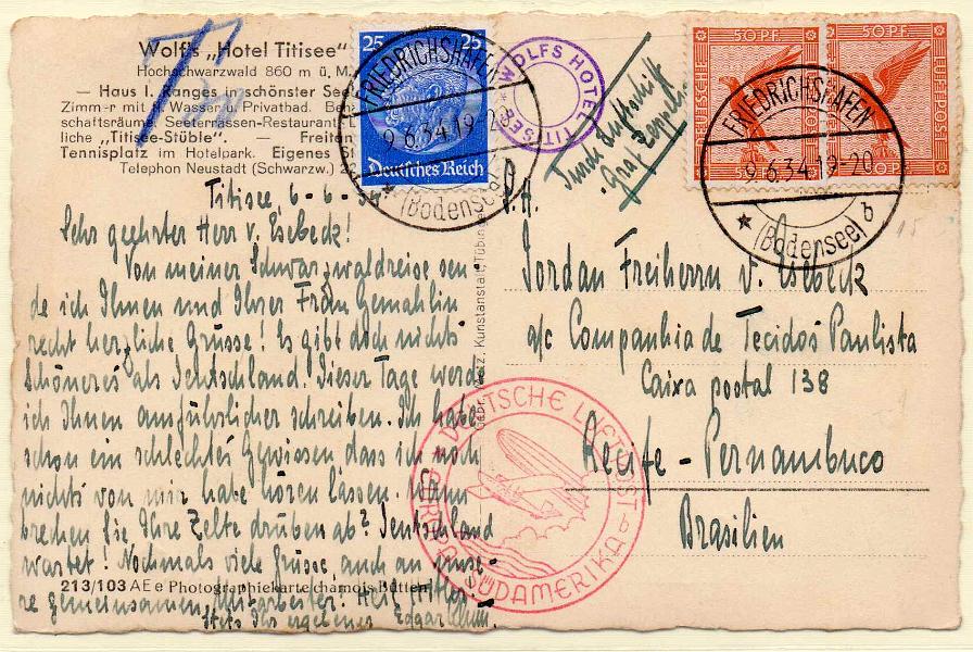 2011.jpg -     Lote:    2011      Lotes pelo Correio      Correio Aéreo       Descrição:         Alemanha / Brasil &mdash; Postal ilustrado circulado de Friedrichshafen (09.06.34) para Pernambuco (12.06.34) pelo Graf Zeppelin. Carimbo comemorativo batido a vermelho.        Aéreo       Valor Base:     &euro; 20,00     Valor Venda:     Retirado     