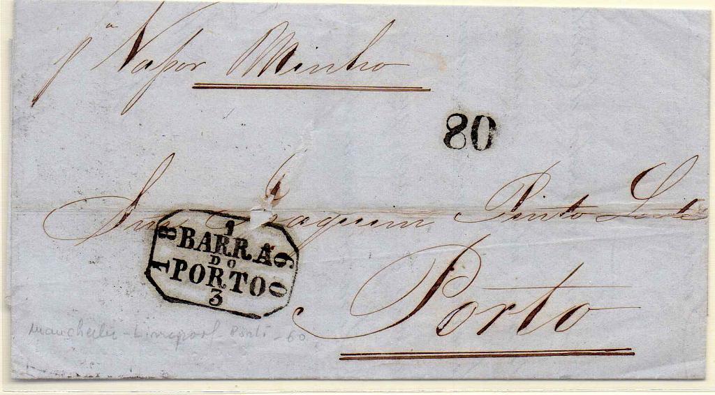 2014.jpg -     Lote:    2014      Lotes pelo Correio      Correio Marítimo       Descrição:         Correio marítimo. Carta circulada de Manchester (21.02.1860) para o Porto, com o porte de 80 reis, pelo vapor Minho. Carimbo batido a preto "BARRA DO PORTO / 1/3/1860".        Carta       Valor Base:     &euro; 10,00     Valor Venda:     &euro; 10,00     