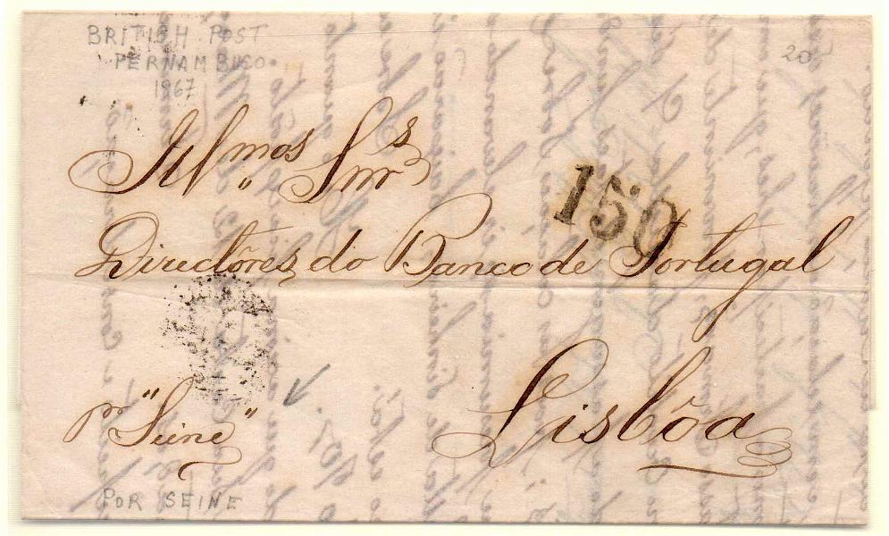 2015.jpg -     Lote:    2015      Lotes pelo Correio      Correio Marítimo       Descrição:         Correio marítimo. Paquete transatlântico. Carta circulada de Pernambuco (14.04.67) para Lisboa com o porte de 150 reis batido a preto. Carimbo do paquete a violeta.        Carta       Valor Base:     &euro; 10,00     Valor Venda:     &euro; 10,00     