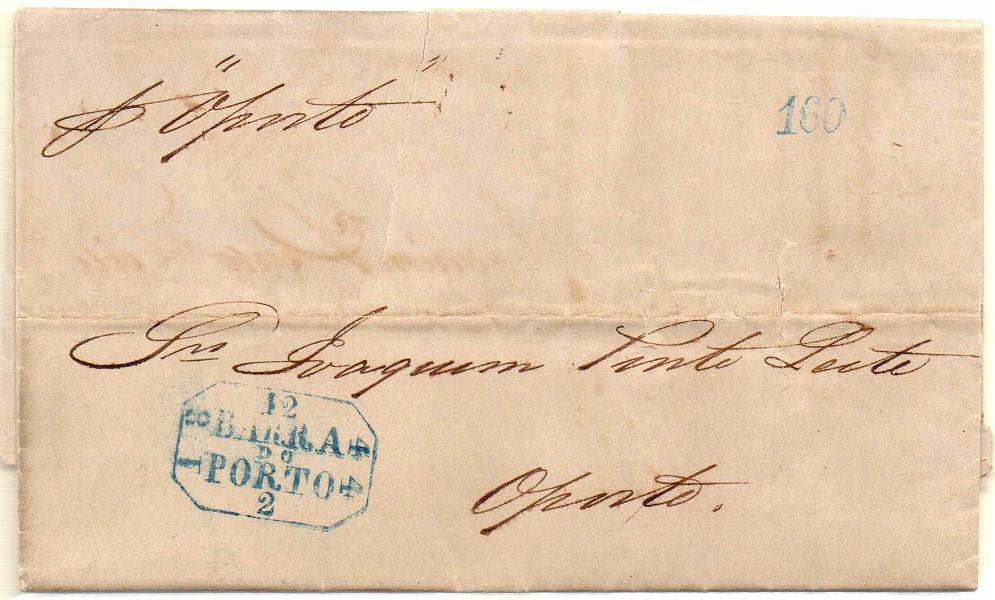 2016.jpg -     Lote:    2016      Lotes pelo Correio      Correio Marítimo       Descrição:         Correio marítimo. Carta circulada de Liverpool (27.01.44)) para o Porto, com o porte de 160 reis, pelo vapor Oporto. Carimbo batido a azul "BARRA DO PORTO / 1/3/1860".        Carta       Valor Base:     &euro; 10,00     Valor Venda:     Retirado     