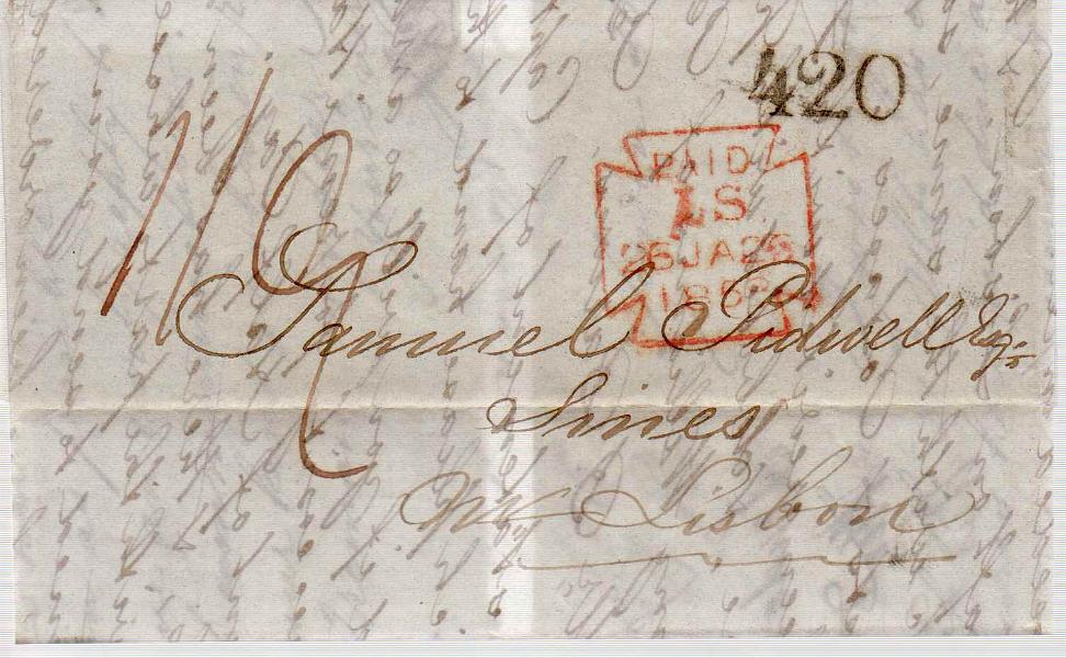 2017.jpg -     Lote:    2017      Lotes pelo Correio      Correio Marítimo       Descrição:         Correio marítimo. Carta circulada de Londres (26.01.58) para Sines, via Lisboa (01.02.58) com o porte de 420 reis batido a preto.        Carta       Valor Base:     &euro; 8,00     Valor Venda:     &euro; 8,00     