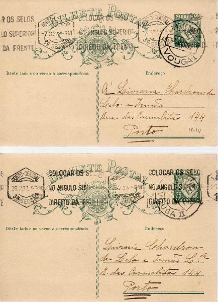 2024.jpg -     Lote:    2024      Lotes pelo Correio      Correio Ferroviário       Descrição:         1931 &mdash; Lusíadas. OM79, 25 reis verde-azul. Dois inteiros com marcas das ambulâncias VOUGA I e VOUGA II.        Lote       Valor Base:     &euro; 6,00     Valor Venda:     &euro; 6,00     