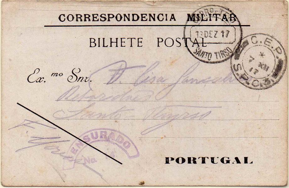 2031.jpg -     Lote:    2031      Lotes pelo Correio             Descrição:         1917 &mdash; Corpo Expedicionário Português. Isentos de Franquia. Legenda "CORRESPONDÊNCIA MILITAR / BILHETE POSTAL. OM CEP3. Circulado do SPC3 (07.12.17) para Santo Tirso (13.12.17).        IC       Valor Base:     &euro; 10,00     Valor Venda:     Retirado     