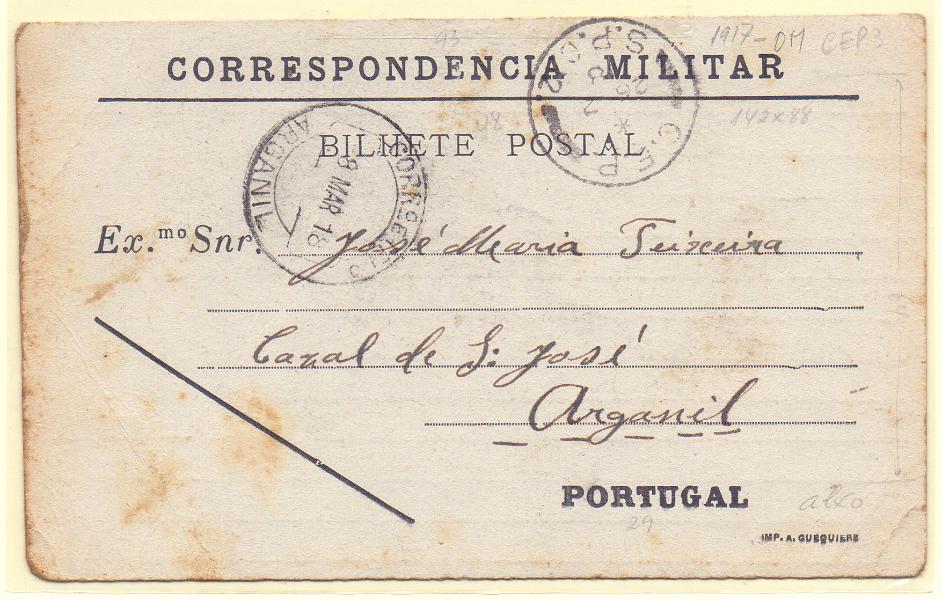 2032.jpg -     Lote:    2032      Lotes pelo Correio             Descrição:         1914/19 &mdash; 1.º Guerra Mundial &mdash; Bilhete Postal "Correspondência Militar", circulado do "C: E. P. / S. P. C. 2" para Arganil (21-2-918).        IC       Valor Base:     &euro; 10,00     Valor Venda:     Retirado     