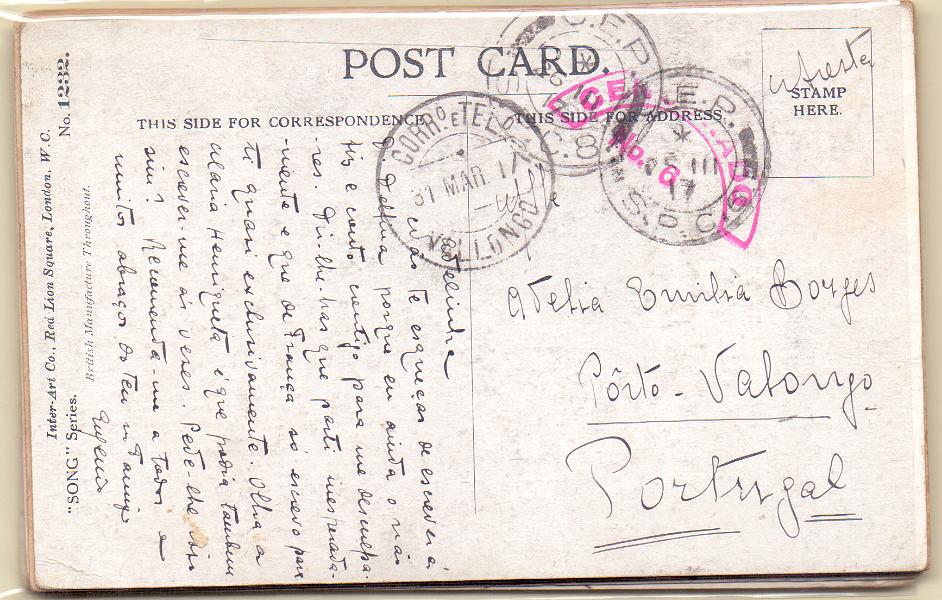 2033.jpg -     Lote:    2033      Lotes pelo Correio             Descrição:         1914/19 &mdash; 1.ª Guerra Mundial, Isentos de franquia. Lote com 9 postais ilustrados circulados isentos de franquia de França para Portugal por militares portugueses. Alguma marcofilia interessante. Lote a ver.        Lote       Valor Base:     &euro; 15,00     Valor Venda:     &euro; 15,00     