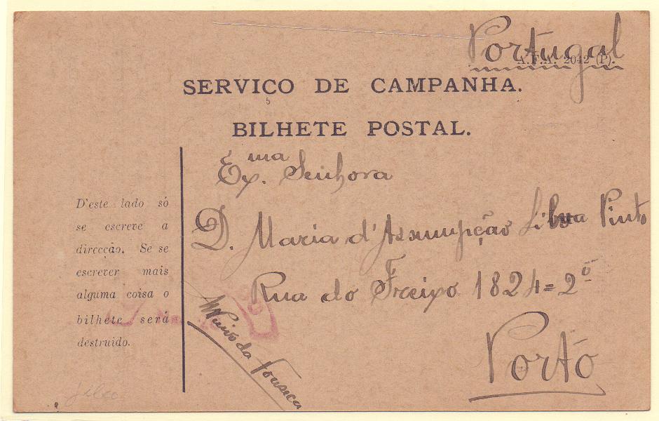 2035.jpg -     Lote:    2035      Lotes pelo Correio             Descrição:         1914/19 &mdash; 1.ª Guerra Mundial &mdash; Bilhete Postal "Serviço de Campanha", circulado para o Porto, OM CEP 2 (15-4-1918).        IC       Valor Base:     &euro; 8,00     Valor Venda:     Retirado     