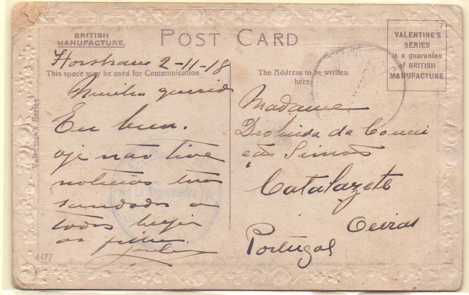2037.jpg -     Lote:    2037      Lotes pelo Correio             Descrição:         1914/19 &mdash; 1.ª Guerra Mundial. Isentos de franquia. Lote com dois postais ilustrados circulados de França para Portugal isentos de franquia, com carimbos batidos a violeta e azul "C.A.L.P. / LE VAGUEMESTRE / 3.º GROUPE.        PI       Valor Base:     &euro; 10,00     Valor Venda:     Retirado     