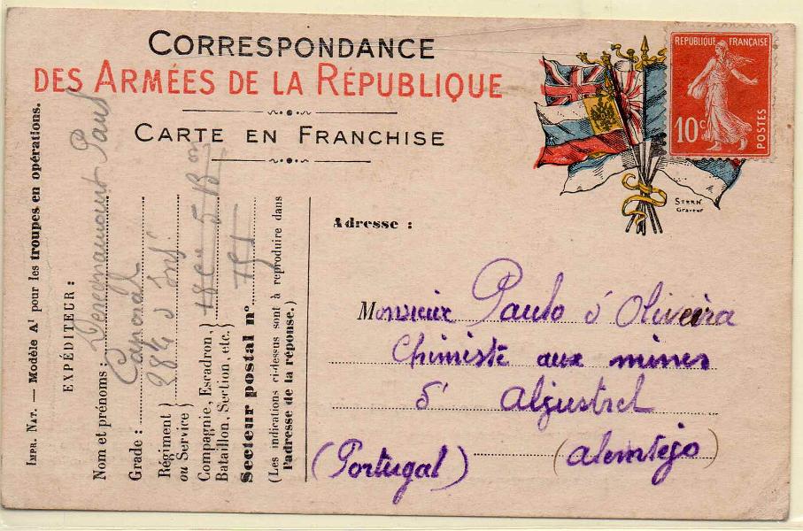 2038.jpg -     Lote:    2038      Lotes pelo Correio             Descrição:         1914/19 &mdash; 1.ª Guerra Mundial. Inteiro isento de franquia do exército francês circulado para Aljustrel.        PI       Valor Base:     &euro; 6,00     Valor Venda:     Retirado     