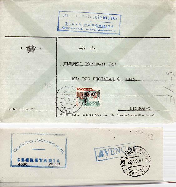 2039.jpg -     Lote:    2039      Lotes pelo Correio             Descrição:         1961/75 &mdash; Guerra colonial. Lote com dois sobrescritos circulados com e sem franquia da EPM-29 no Campo de Santa Margarida e da EPM 39 &mdash; Casa de Reclusão da Região Militar Norte.        Carta       Valor Base:     &euro; 8,00     Valor Venda:     &euro; 8,00     
