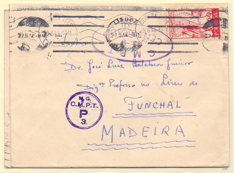 2040.jpg -     Lote:    2040      Lotes pelo Correio             Descrição:         1939/45 &mdash; 2.ª Guerra Mundial. Censuras da Madeira. Lote de uma carta e um inteiro postal  com censuras da Madeira, circulados cada uma num dos sentidos.        Carta       Valor Base:     &euro; 10,00     Valor Venda:     Retirado     