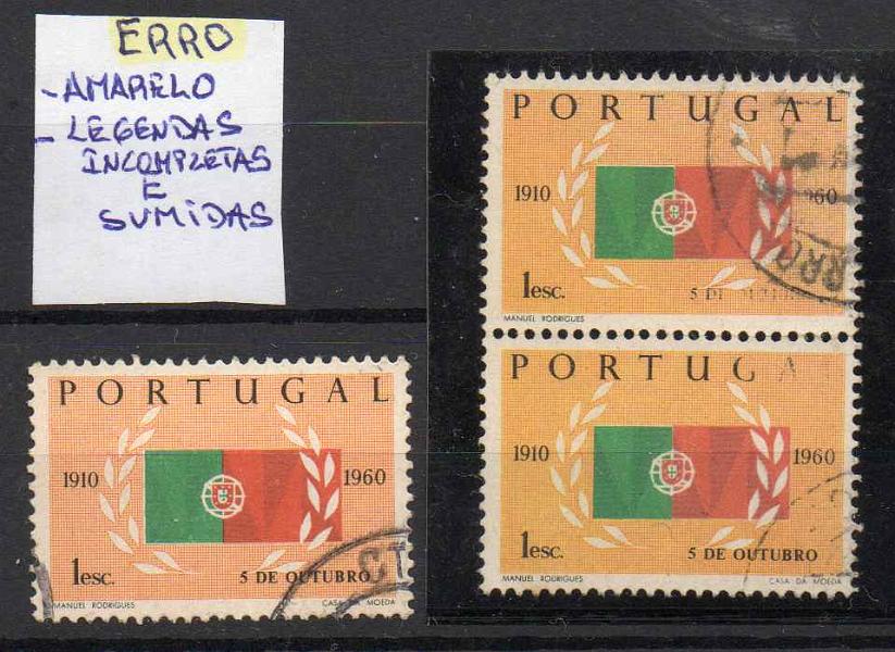 2052.jpg -     Lote:    2052      Lotes pelo Correio      Portugal        Descrição:         1960 &mdash; Cinquentenário da Republica. CE873. 1E. Par vertical, com defeitos de impressão nas legendas "5 de OUTUBRO" no primeiro selo e "PORTUGAL" no segundo.        O       Valor Base:     &euro; 5,00     Valor Venda:     Retirado     