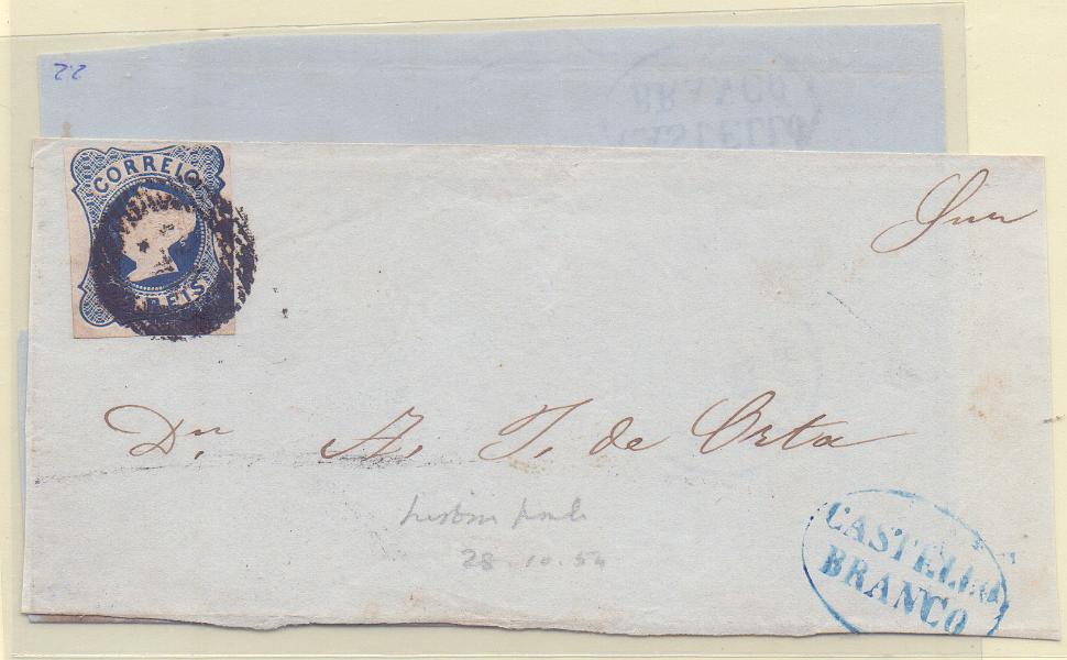 2061.jpg -     Lote:    2061      Lotes pelo Correio      Portugal        Descrição:         1853 &mdash; D. Maria II. CE2, 25 reis, azul. Lote com duas capas de cartas, todas com carimbo nominativo batido a azul "CASTELO BRANCO. Lote a ver.        Carta       Valor Base:     &euro; 8,00     Valor Venda:     &euro; 8,00     