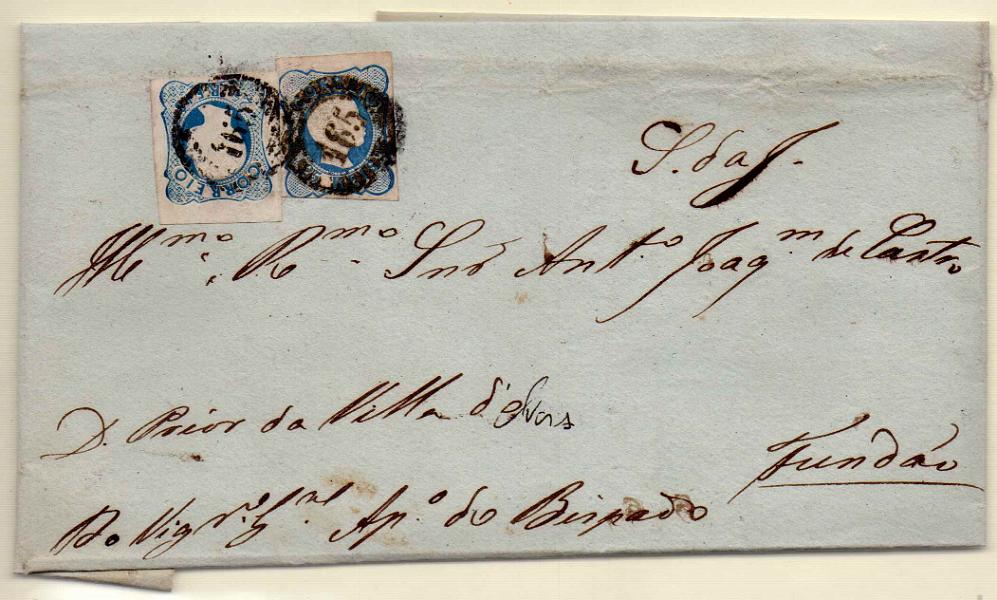 2071.jpg -     Lote:    2071      Lotes pelo Correio      Portugal        Descrição:         1856/58 &mdash; D. Pedro V. Cabelos anelados. CE12, 25 reis azul, margens normais. Dois selos em carta em carta circulada de Elvas para Fundão. Selos obliterados com carimbo da 1.ª reforma, tipo 20 barras, "165".        Carta       Valor Base:     &euro; 12,00     Valor Venda:     Retirado     