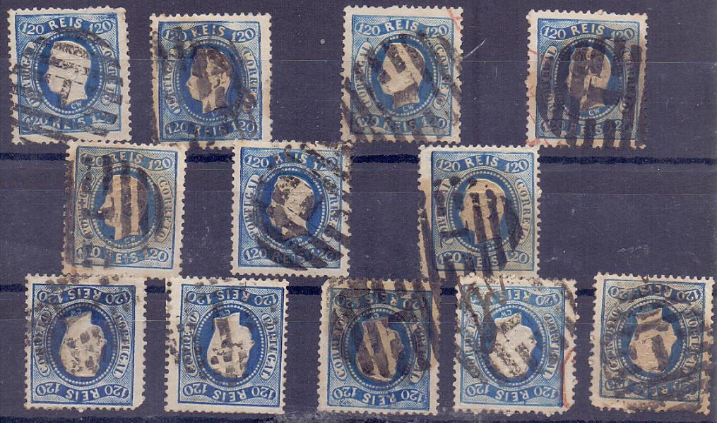 2079.jpg -     Lote:    2079      Lotes pelo Correio      Portugal        Descrição:         1867/70 &mdash; D. Luís I. Fita curva. Denteados. CE34, 120 reis azul. Lote com 7 exemplares perfeitos + 5 com pequenos defeitos de denteado.        O       Valor Base:     &euro; 10,00     Valor Venda:     Retirado     