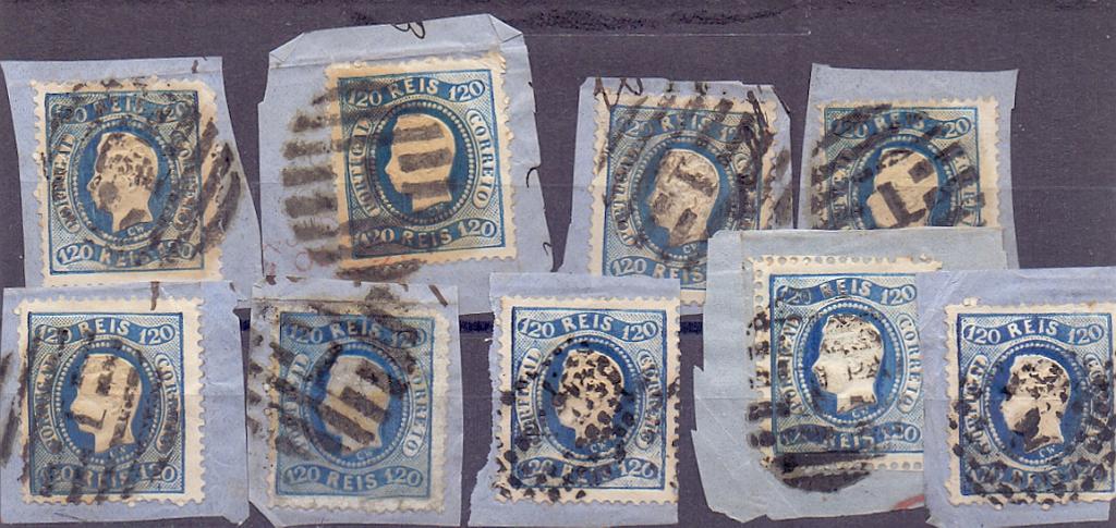 2080.jpg -     Lote:    2080      Lotes pelo Correio      Portugal        Descrição:         1867/70 &mdash; D. Luís I. Fita curva. Denteados. CE34, 120 reis azul. Lote com 9 fragmentos.        FRG       Valor Base:     &euro; 15,00     Valor Venda:     &euro; 15,00     