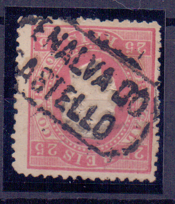 2082.jpg -     Lote:    2082      Lotes pelo Correio      Portugal        Descrição:         1870/76 &mdash; D. Luís I. Fita direita. CE40, 25 reis, denteado 12 &frac12;, papel liso, com obliteração nominativa de "PENALVA DO CASTELO". Um canto curto.        O       Valor Base:     &euro; 12,00     Valor Venda:     Retirado     