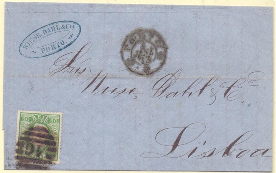2085.jpg -     Lote:    2085      Lotes pelo Correio      Portugal        Descrição:         1870/76 &mdash; D. Luís I. Fita direita. CE41, 50 reis verde, denteado 12 &frac12;, papel liso, em carta circulada do Porto (03.01.73) para Lisboa.        Carta       Valor Base:     &euro; 10,00     Valor Venda:     Retirado     
