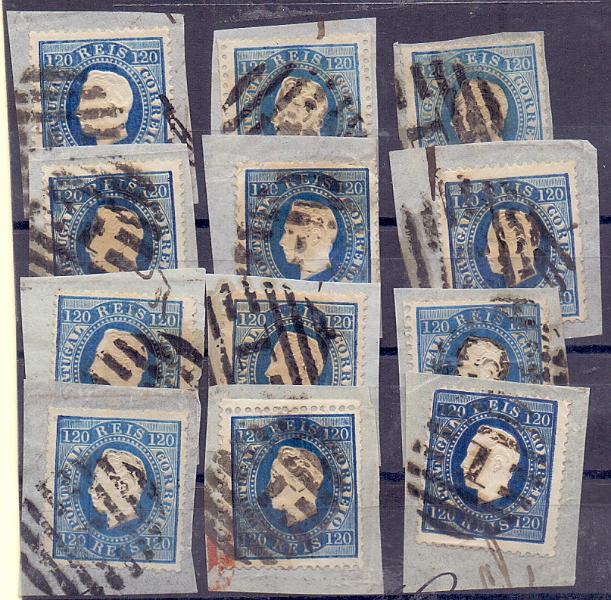 2088.jpg -     Lote:    2088      Lotes pelo Correio      Portugal        Descrição:         1870/76 &mdash; D. Luís I. Fita direita. CE44, 120 reis azul. Lote com 12 fragmentos com selos em denteado 12 &frac12;, com tonalidades de cor. Valor de catálogo &euro; 1584,00.        FRG       Valor Base:     &euro; 15,00     Valor Venda:     &euro; 15,00     