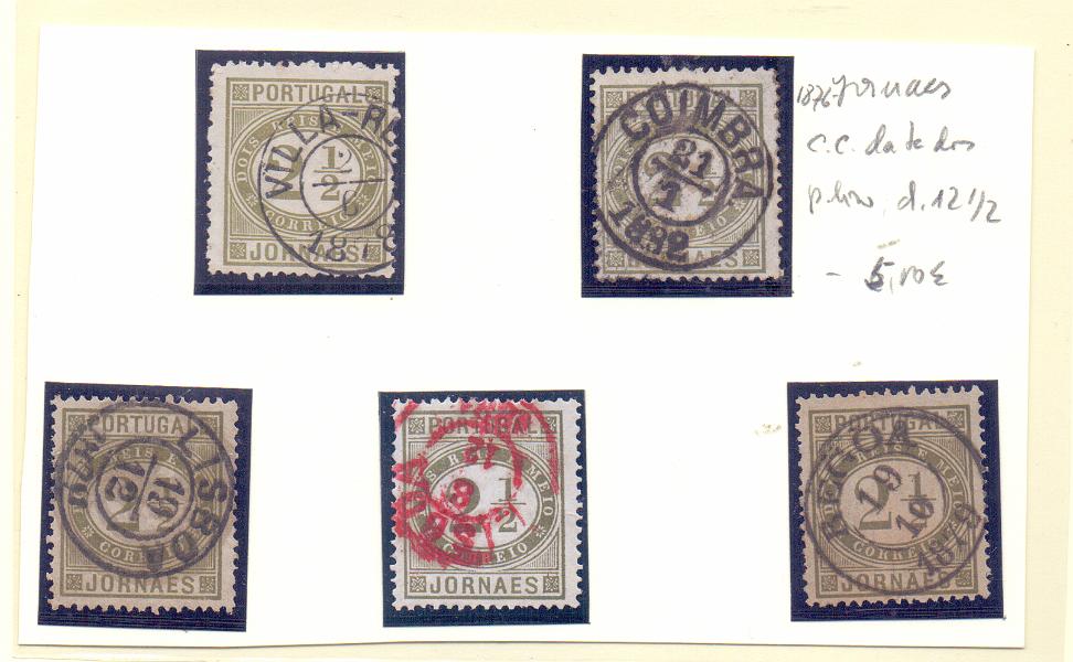 2089.jpg -     Lote:    2089      Lotes pelo Correio      Portugal        Descrição:         1876 - Jornaes. CE48. Lote com 5 em papel liso, denteado 12 &frac12;, obliterados com carimbos circulares datados tipo 1842.        O       Valor Base:     &euro; 5,00     Valor Venda:     Retirado     