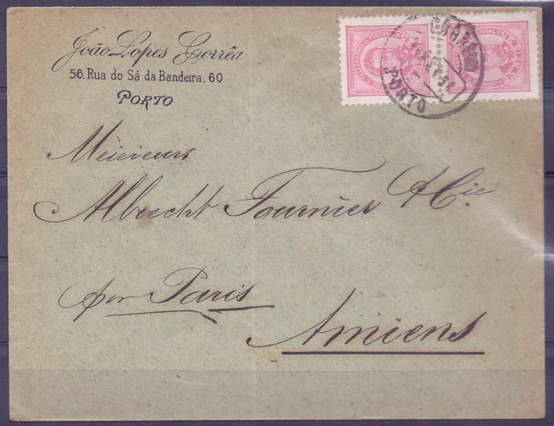 2097.jpg -     Lote:    2097      Lotes pelo Correio      Portugal        Descrição:         1884/87 &mdash; D. Luís I, de frente. Novos valores. CE63, 25 reis, papel porcelana, denteado 11 &frac12;. Par vertical em sobrescrito circulado do Porto para Amiens (14.02.91).        Carta       Valor Base:     &euro; 12,00     Valor Venda:     Retirado     