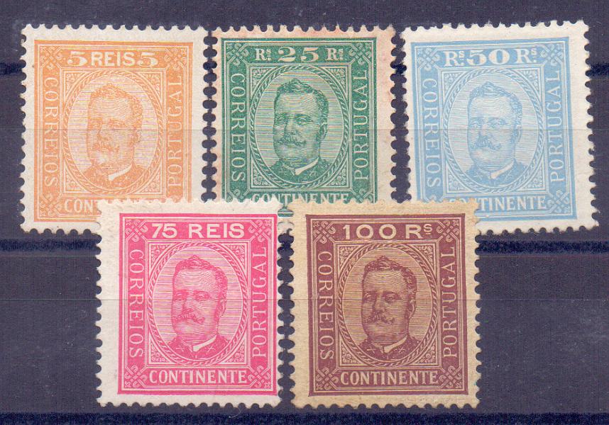 2104.jpg -     Lote:    2104      Lotes pelo Correio      Portugal        Descrição:         1892/93 &mdash; D. Carlos I tipo Diogo Neto. CE68, 70/73. Série completa em denteado 11 &frac12;, papel porcelana, com excepção do selo de 10 reis. Valor de catálogo &euro; 1.395,00.        RG**       Valor Base:     &euro; 60,00     Valor Venda:     &euro; 85,00     