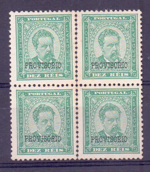 2108.jpg -     Lote:    2108      Lotes pelo Correio      Portugal        Descrição:         1884/87 &mdash; D. Luís I. Sobrecargas "PROVISORIO". CE81, 10 reis. Quadra sem goma, papel porcelana, denteado 11 &frac12;.        *       Valor Base:     &euro; 15,00     Valor Venda:     Retirado     