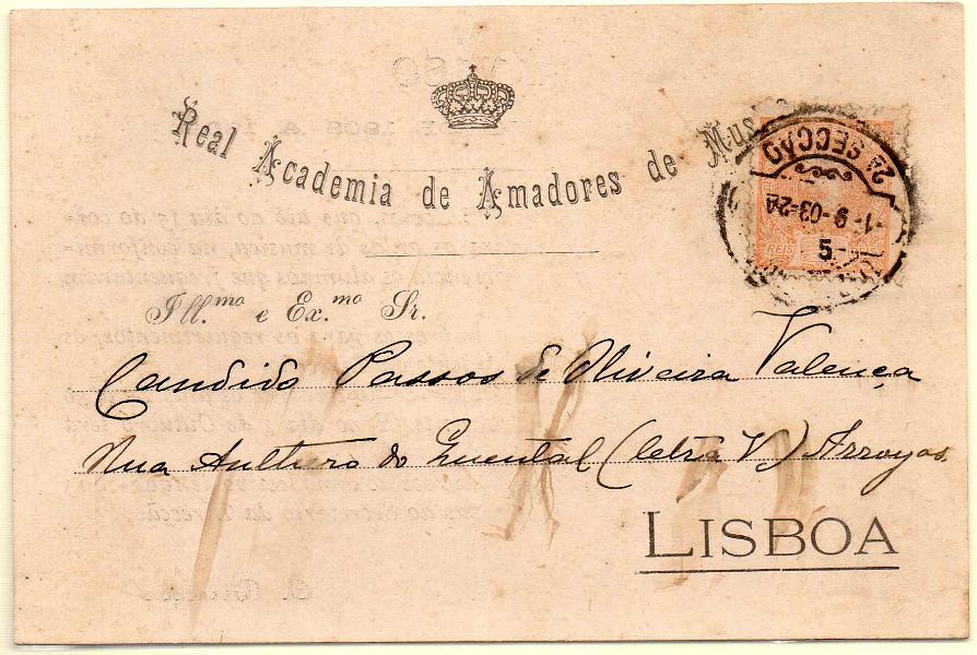 2109.jpg -     Lote:    2109      Lotes pelo Correio      Portugal        Descrição:         1895/96 &mdash; D. Carlos I Mouchon. CE127, 5 reis laranja, sobre impresso circulado em Lisboa (01.09.03).        PI       Valor Base:     &euro; 6,00     Valor Venda:     Retirado     