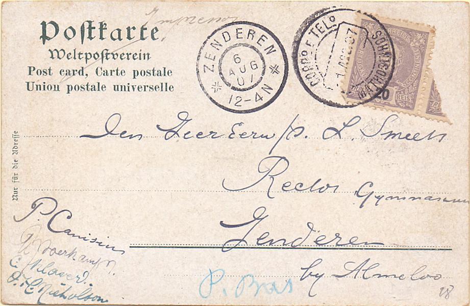2113.jpg -     Lote:    2113      Lotes pelo Correio      Portugal        Descrição:         1898/96 &mdash; D. Carlos I Mouchon. CE130, 20 reis em postal ilustrado circulado de Matosinhos (01.08.07) para a Holanda.        PI       Valor Base:     &euro; 15,00     Valor Venda:     Retirado     