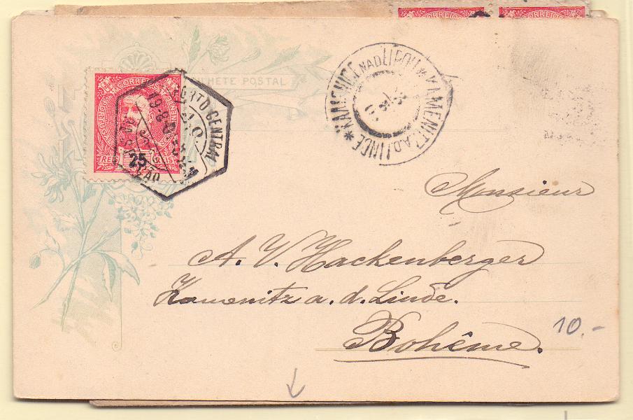 2116.jpg -     Lote:    2116      Lotes pelo Correio      Portugal        Descrição:         1896 &mdash; D. Carlos I Mouchon. Lote com 5 postais ilustrados e sobrescritos com selos de 25 reis carmim CE141, com destino a Grã-Bretanha, França, Dinamarca, Itália e Checoslováquia.        Lote       Valor Base:     &euro; 10,00     Valor Venda:     Retirado     
