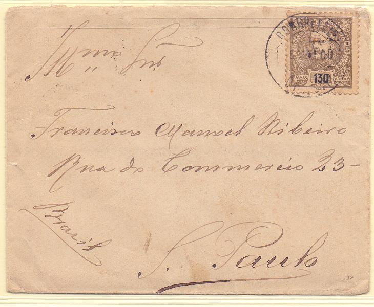 2118.jpg -     Lote:    2118      Lotes pelo Correio      Portugal        Descrição:         1898/905 &mdash; D. Carlos I Mouchon. CE146, 130 reis castanho em sobrescrito circulado de Chacim (06.05.00) para S. Paulo (22.05.00).        Carta       Valor Base:     &euro; 10,00     Valor Venda:     Retirado     