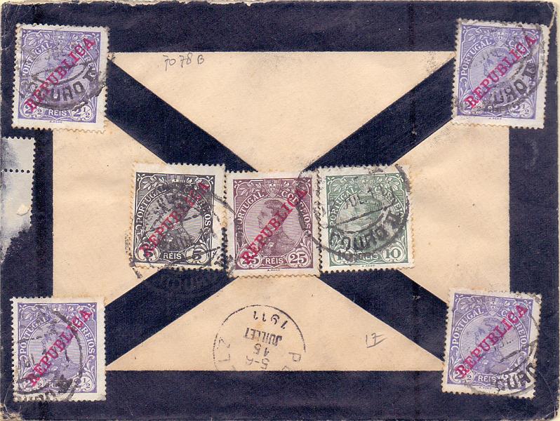 2121.jpg -     Lote:    2121      Lotes pelo Correio      Portugal        Descrição:         1910 &mdash; D, Manuel II.+ idem, com sobrecarga REPUBLICA, Sobrescrito circulado pela ambulância ferroviária Douro II para a Bélgica (05.06.11) com selos de 4x2 &frac12; reis, 5 reis, 10 reis e 25 reis. CE170/175.        Carta       Valor Base:     &euro; 20,00     Valor Venda:     &euro; 20,00     