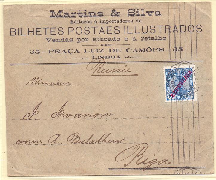 2122.jpg -     Lote:    2122      Lotes pelo Correio      Portugal        Descrição:         1910 &mdash; D. Manuel II, com sobrecarga REPUBLICA. CE176, 50 reis azul, em sobrescrito circulado de Lisboa (10.03.12) para Riga (11.03.12). Diferença temporal entre os calendários, gregoriano e juliano. MB.        Carta       Valor Base:     &euro; 15,00     Valor Venda:     &euro; 15,00     