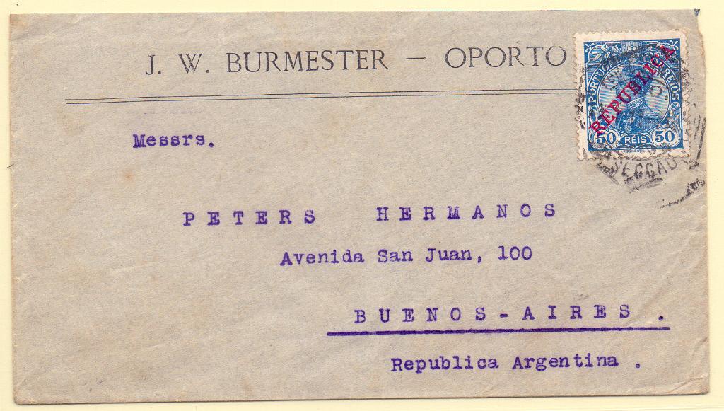 2123.jpg -     Lote:    2123      Lotes pelo Correio      Portugal        Descrição:         1910 &mdash; D. Manuel II, com sobrecarga REPUBLICA. CE176, 50 reis azul, em sobrescrito circulado do Porto para Buenos Aires.        Carta       Valor Base:     &euro; 5,00     Valor Venda:     Retirado     