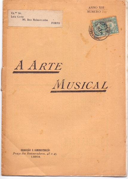2124.jpg -     Lote:    2124      Lotes pelo Correio      Portugal        Descrição:         1911 &mdash; 4.º Centenário do descobrimento do caminho marítimo para a Índia, com sobrecarga REPUBLICA. CE184, 2 &frac12; reis em revista "A Arte Musical", circulada de Lisboa para o Porto.        LIV       Valor Base:     &euro; 5,00     Valor Venda:     Retirado     