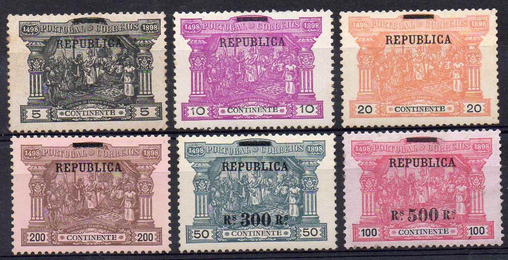 2125.jpg -     Lote:    2125      Lotes pelo Correio      Portugal        Descrição:         1911 &mdash; 4.º Centenário do descobrimento do caminho marítimo para a Índia, com sobrecarga REPUBLICA sobre selos do Porteado do Continente. CE192/197. Série completa. Selos regomados.        RG***       Valor Base:     &euro; 30,00     Valor Venda:     &euro; 37,00     