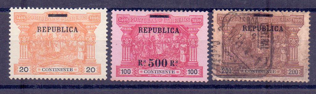 2126.jpg -     Lote:    2126      Lotes pelo Correio      Portugal        Descrição:         1911 &mdash; 4.º Centenário do descobrimento do caminho marítimo para a Índia, selos do porteado, com sobrecarga REPUBLICA. Lote de 3 selos: CE194, CE195 (usado) e CE197.        */O       Valor Base:     &euro; 10,000     Valor Venda:     &euro; 10,00     