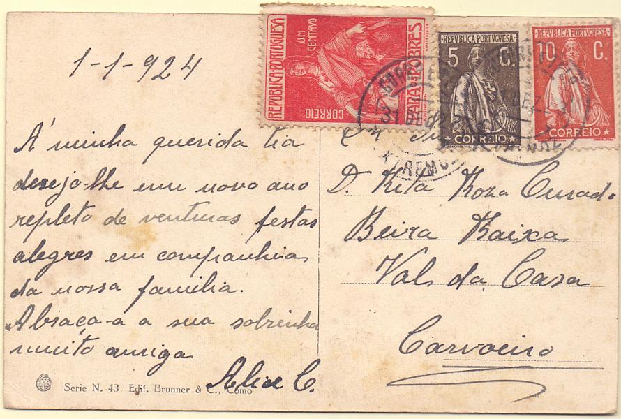 2127.jpg -     Lote:    2127      Lotes pelo Correio      Portugal        Descrição:         1915/24 &mdash; Ceres + Imposto Postal. Postal ilustrado circulado de Estremoz (31.12.24) para o carvoeiro, com selos CE215, 252 e selo do imposto postal "Para os Pobres" de 1c CE IP1. CCD batido a preto "EXTREMOZ"        PI       Valor Base:     &euro; 8,00     Valor Venda:     Retirado     