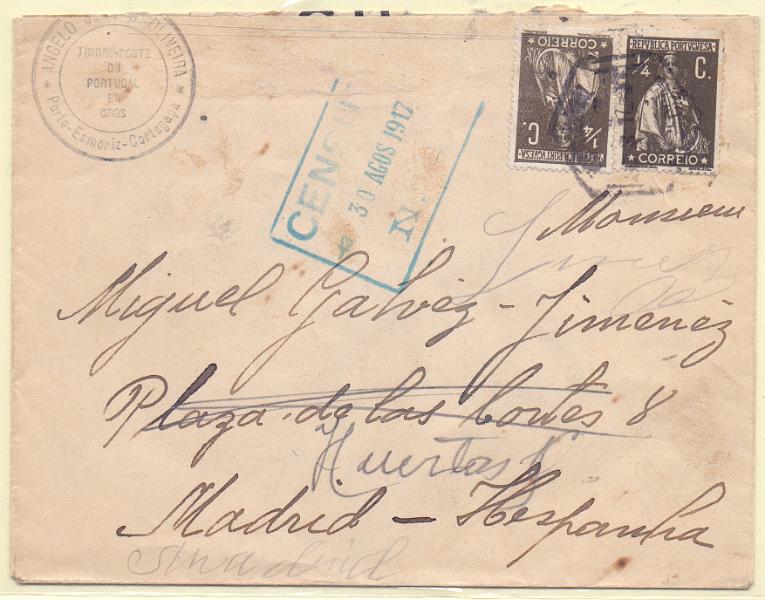 2128.jpg -     Lote:    2128      Lotes pelo Correio      Portugal        Descrição:         1912 &mdash; Ceres. CE206, &frac14; C sépia. Dois selos sobre sobrescrito remetido do Porto para Madrid (01.09.17) censurado em Portugal. Sobrescrito publicitário ao decano comerciante filatélico ANGELO DE OLIVEIRA.        Carta       Valor Base:     &euro; 5,00     Valor Venda:     Retirado     