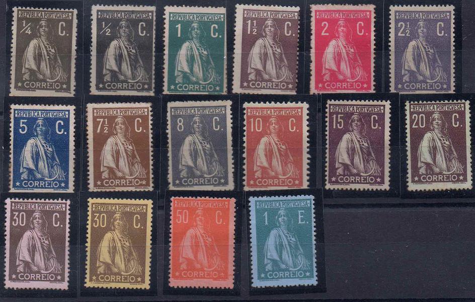 2130.jpg -     Lote:    2130      Lotes pelo Correio      Portugal        Descrição:         1912 &mdash; Ceres. CE 206/220. Série completa em diversos papeis e denteado 15x14. Alguns selos com pontos de óxido.        **       Valor Base:     &euro; 15,00     Valor Venda:     &euro; 22,00     