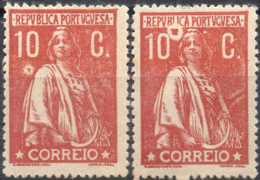 2133.jpg -     Lote:    2133      Lotes pelo Correio      Portugal        Descrição:         1912 &mdash; Ceres. CE215, 10C tijolo, denteado 15x14, papel liso. Dois selos com impressão de pontos parasitas. Valor de catálogo só dos selos sem as variedades &euro; 58,00.        **       Valor Base:     &euro; 10,00     Valor Venda:     &euro; 15,00     