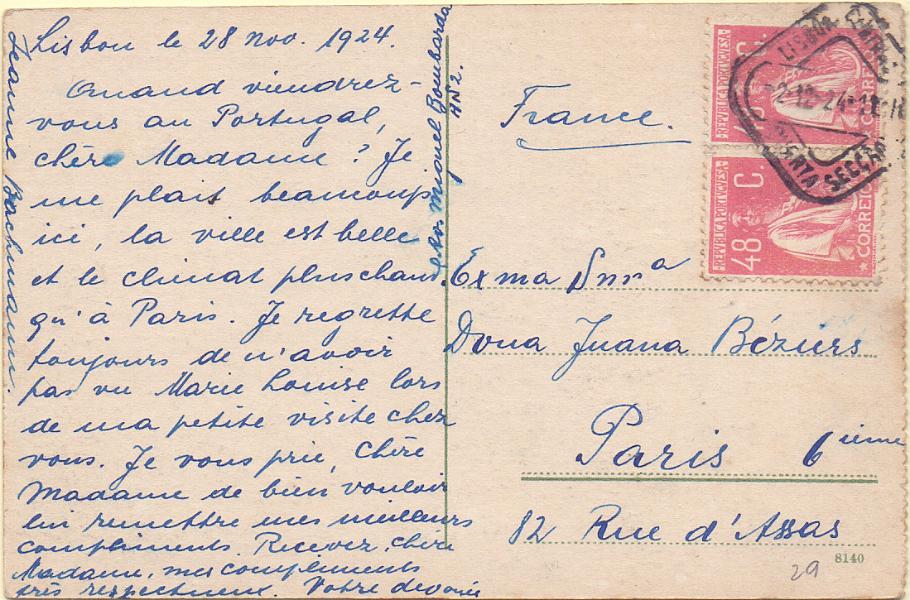 2146.jpg -     Lote:    2146      Lotes pelo Correio      Portugal        Descrição:         1924/28 &mdash; Ceres. Postal ilustrado circulado de Lisboa (02.12.24) para Paris, com par de 48c CE284.        PI       Valor Base:     &euro; 10,00     Valor Venda:     Retirado     
