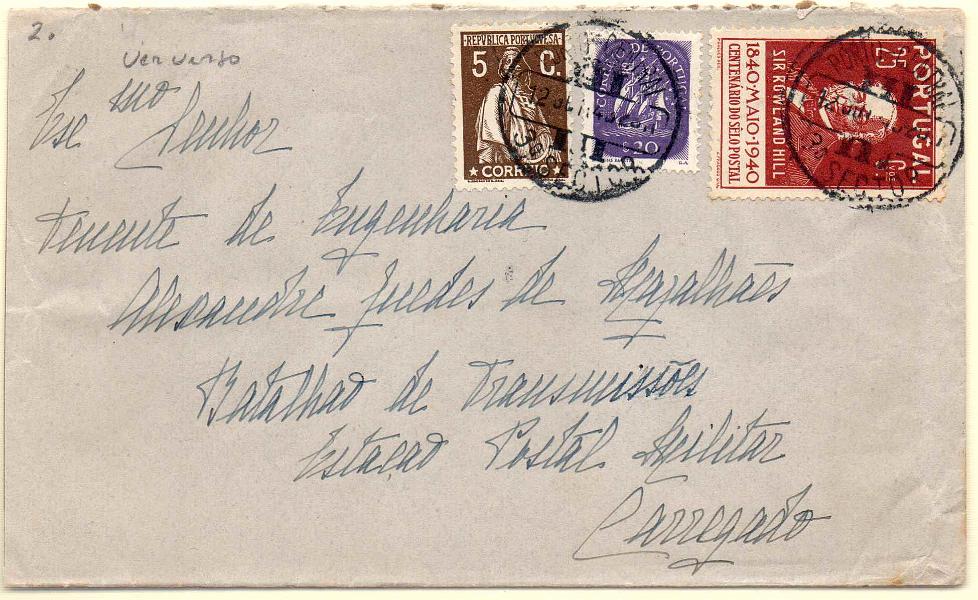 2157.jpg -     Lote:    2157      Lotes pelo Correio      Portugal        Descrição:         1929/43 &mdash; Ceres, emissão Londres + Caravela + Centenário do Selo Postal. Sobrescrito circulado de Lisboa (12.10.43) para o Carregado com selo de 5C CE399, $20 CE620 e 25C CE600. No verso carimbo volante numérico 16 atribuído ao CARREGADO.        Carta       Valor Base:     &euro; 6,00     Valor Venda:     Retirado     