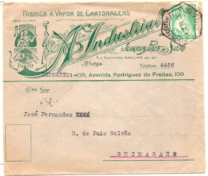2160.jpg -     Lote:    2160      Lotes pelo Correio      Portugal        Descrição:         1926 &mdash; Ceres. Emissão Londres. CE406. 40c. Sobrescrito publicitário circulado do Porto (14.10.29) para Guimarães. MB.        Carta       Valor Base:     &euro; 8,00     Valor Venda:     Retirado     