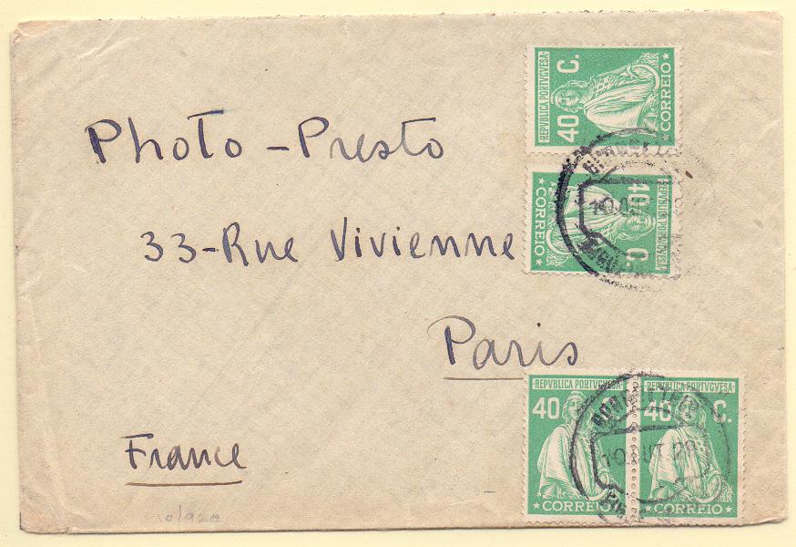 2161.jpg -     Lote:    2161      Lotes pelo Correio      Portugal        Descrição:         1926 &mdash; Ceres. Emissão Londres. Sobrescrito circulado para Paris com 4 selos de 40c CE406.        Carta       Valor Base:     &euro; 10,00     Valor Venda:     Retirado     