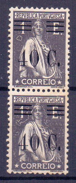 2168.jpg -     Lote:    2168      Lotes pelo Correio      Portugal        Descrição:         1928/29 &mdash; Ceres c/ sobretaxa. CE482, 40c s/ 1$00. Par vertical, com defeitos de impressão.        ***       Valor Base:     &euro; 6,00     Valor Venda:     &euro; 12,00     