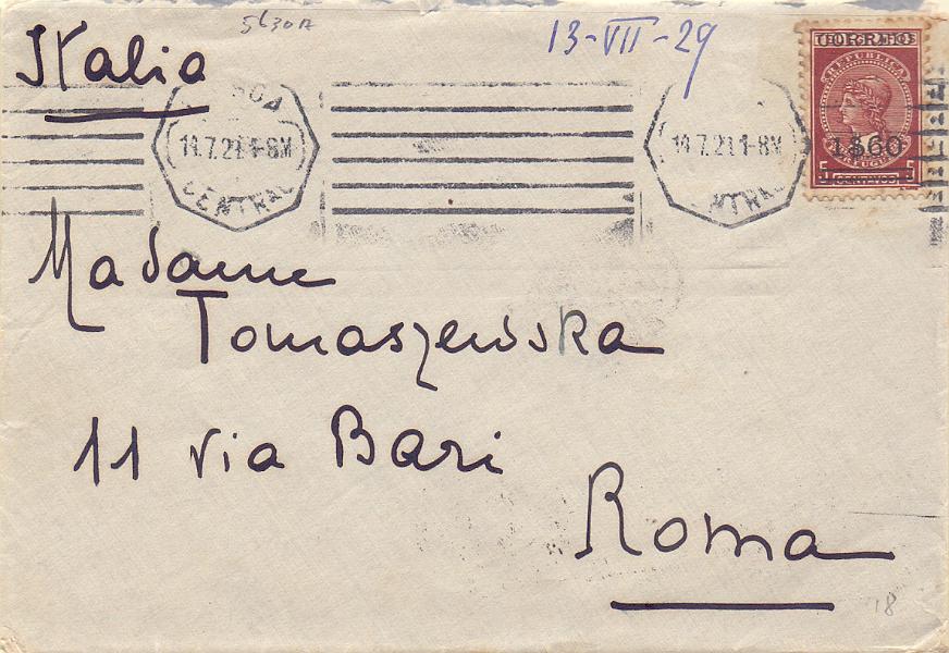 2173.jpg -     Lote:    2173      Lotes pelo Correio      Portugal        Descrição:         1929 &mdash; Imposto Telegráfico. CE494, 1$60 s/ 5c, papel cartolina, em sobrescrito circulado de Lisboa (14.07.29) para Roma.        Carta       Valor Base:     &euro; 20,00     Valor Venda:     Retirado     